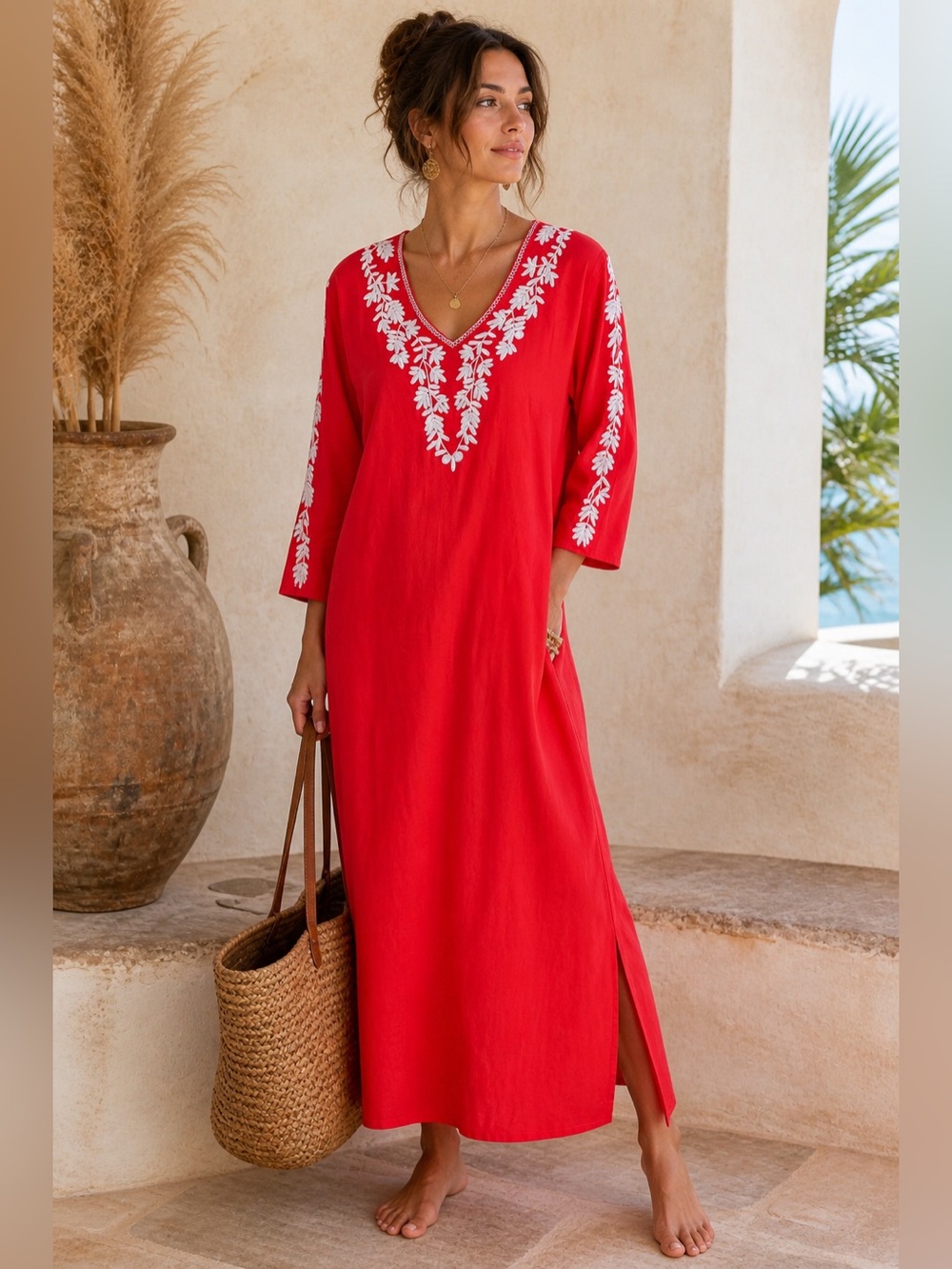 La Cera Coral Embroidered Cotton Caftan Dress Boho Beach Tunic M